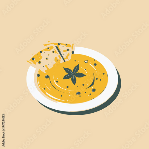Illustration of creamy hummus topped with olive oil, garnished with fresh herbs and served with crispy pita bread on a white plate against a beige background