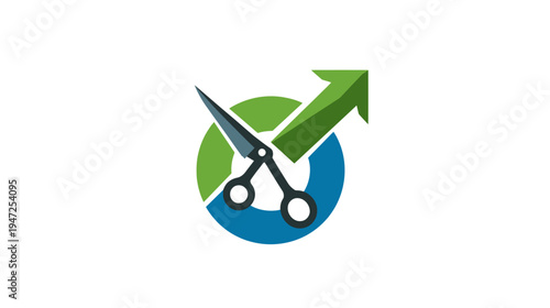 Stylized image of scissors cutting into a circular diagram with an upward green arrow