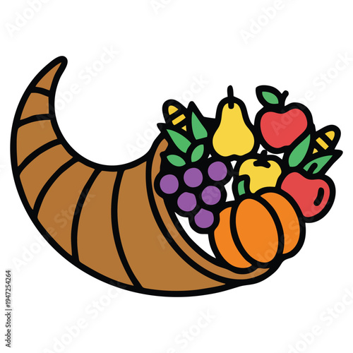 Cornucopia Line Icon: Horn of Plenty with Autumn Harvest Fruits and Vegetables for Thanksgiving, Organic Food Abundance, and Fall Season Vector Illustration