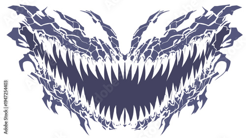 A stylized monster face with sharp teeth, jagged edges, and a dark blue/purple hue