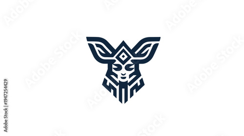 A symmetrical abstract design of a stylized animal head with geometric shapes and horns on a white background