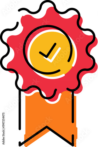 Quality guarantee badge icon featuring a red rosette with a yellow circle and checkmark. Symbolizing success. Achievement. And certification. Offering a visual representation of excellence and reward