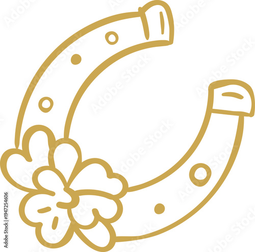 Lucky horseshoe with four-leaf clover line art illustration