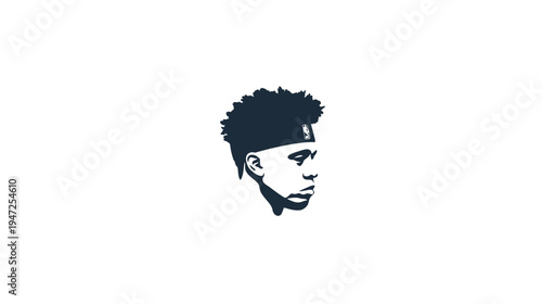 A dark blue minimalist illustration of a man's head and shoulders against a white background