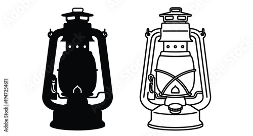 Two vintage kerosene lanterns one black and one white silhouette