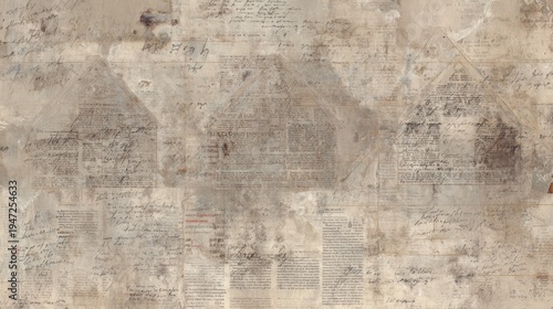 Vintage paper collage showing layered textures of aged manuscripts, printed newspaper text, faded historical handwritten letters, and abstract house outlines in a sepia toned grunge background