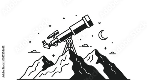 Telescope observing a crescent moon over mountains a striking silhouette