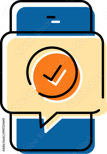 Mobile device displaying a notification bubble with a double checkmark symbol, indicating a successful delivery, read message, or verified status on a digital communication platform