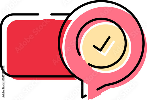 Message notification icon with a double checkmark symbol signifying successful completion, verification, approval, or a positive status update, useful for digital interfaces and communication