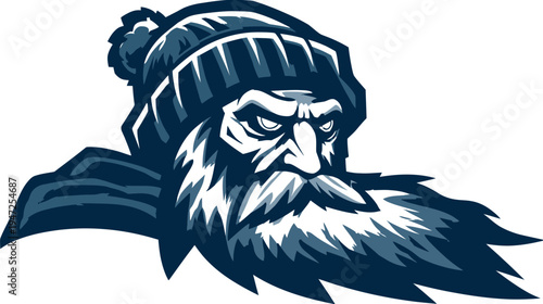 Illustration of a bearded man with a beanie. Monochromatic design, fierce expression
