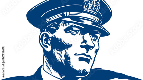 Stylized vector illustration of a man's face in uniform hat. Blue on white