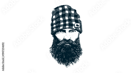 A man with a full beard and a checkered beanie hat, depicted in a digital black and white illustration