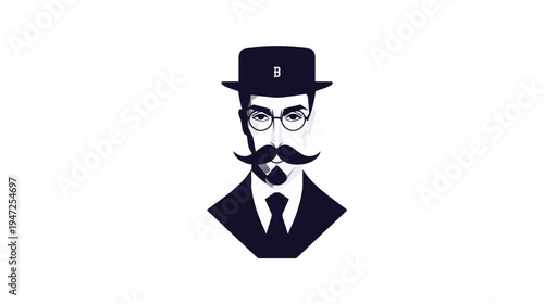 A stylized portrait of a man in a bowler hat, glasses, and a large mustache