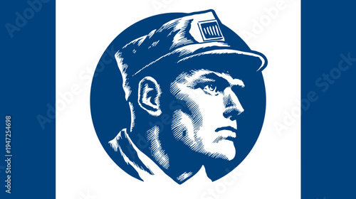A stylized illustration depicting a man in a cap within a circle, set against a two-tone blue and white background