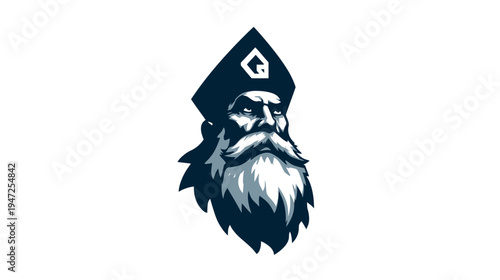 A regal bearded figure with a stern expression, wearing a hat with a unique symbol