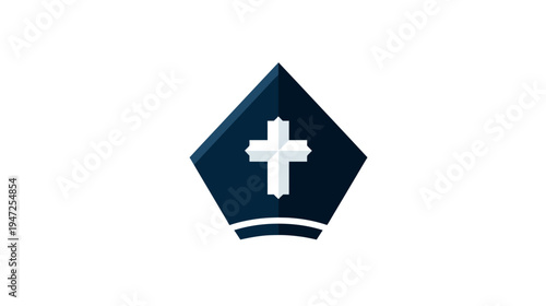 A geometric navy blue and white emblem features a prominent cross within a unique, faceted shape