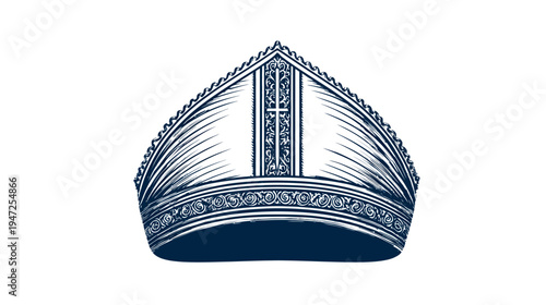 A dark blue illustration of a liturgical head covering featuring ornate patterns