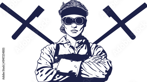 A determined figure in workwear and goggles, crossed tools, arms crossed, on a white background