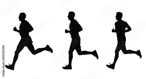 Three men running captured in dynamic black form silhouette