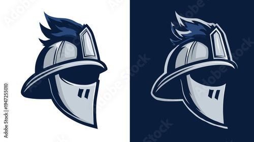 Stylized side view of a knight's helmet in shades of blue and gray, in two different backgrounds