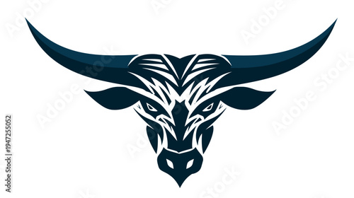 Stylized bull head silhouette with large horns, and symmetrical tribal-inspired decorative elements