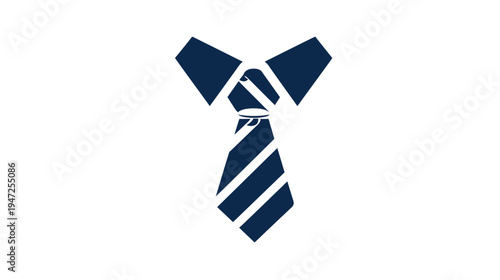 A dark blue tie with white stripes hangs below a matching collar shape on a white background