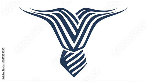 A dark blue graphic of a stylized necktie composed of curved stripes over a white background