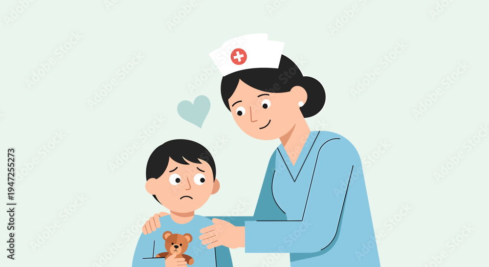 Fototapeta premium Caring nurse comforts sad child with teddy bear, healthcare, empathy, medical support