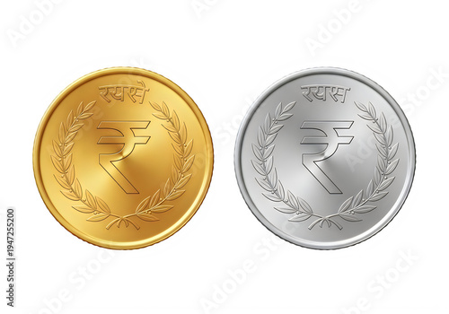 Golden and silver indian rupee coins with wreath design isolated on transparent background