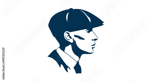 Profile of a man in a flat cap and suit, vector silhouette style. Graphic design, black and white