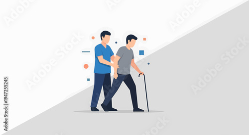 Caregiver assisting elderly man with cane, rehabilitation and support concept