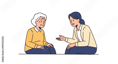 Caring caregiver talking to elderly woman, providing support and companionship