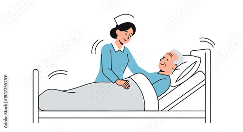 Caring nurse assisting elderly man in hospital bed, providing comfort and medical care.