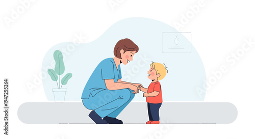 Caring nurse holding hands with a happy child, promoting trust and comfort in healthcare.