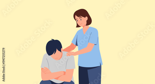Caring woman comforts sad man, offering support and empathy, mental health concept