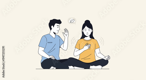 Couple meditating together, practicing mindfulness and breathing exercises for inner peace and calm.