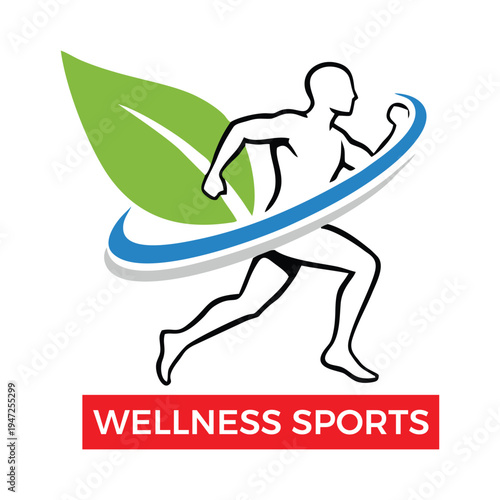 Wellness Sports Logo Design Featuring Running Man Silhouette with Green Leaf and Blue Swoosh Isolated on White