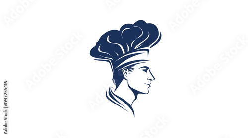 A stylized illustration of a chef's head in profile, wearing a tall, puffy hat