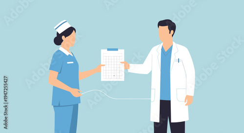 Doctor and nurse collaborating, sharing medical chart for patient care and healthcare teamwork.