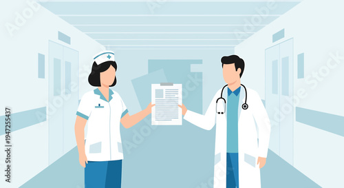 Doctor and nurse in hospital hallway discussing medical chart, healthcare professionals collaboration