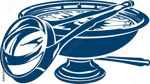 A dark blue bowl, ladle, and other utensil image, with a unique artistic style