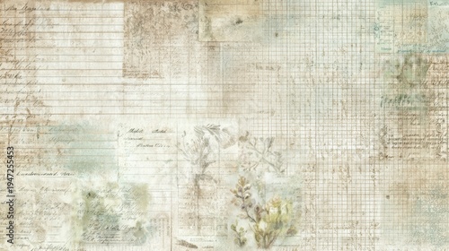 Faded antique ledger and botanical collage with handwritten script, grid lines and layered parchment textures for rustic, distressed backgrounds, stationery and vintage designs