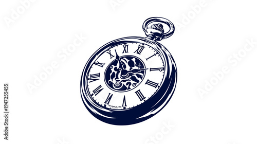A detailed monochrome illustration of a classic pocket watch, showcasing the time, numbers, and intricate gears