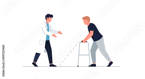 Doctor assisting patient with walker during rehabilitation, physical therapy, recovery