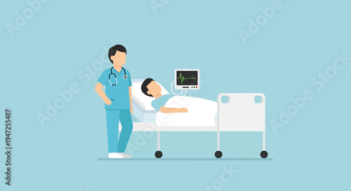 Doctor checks patient on hospital bed with heart monitor, medical care concept