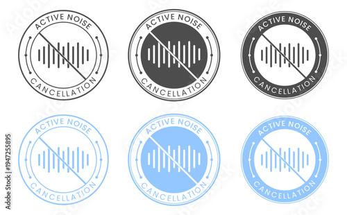 Active Noise Cancellation Badge Icon Set - Round Audio Sound Wave Mute Symbol Vector Graphics