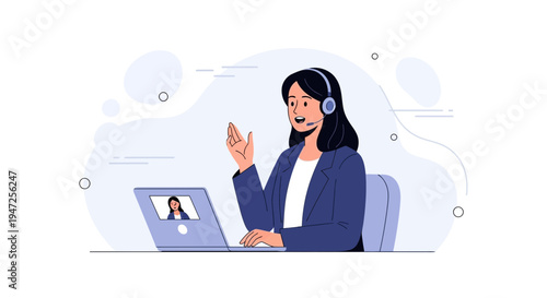 Woman with headset on video call, online meeting, remote work, customer support