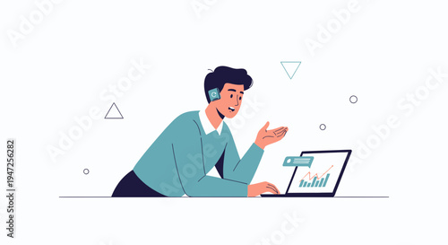 Man with headset working on laptop with financial charts, online support concept