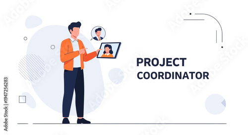 Project Coordinator Man With Tablet Discussing Project With Colleagues Online