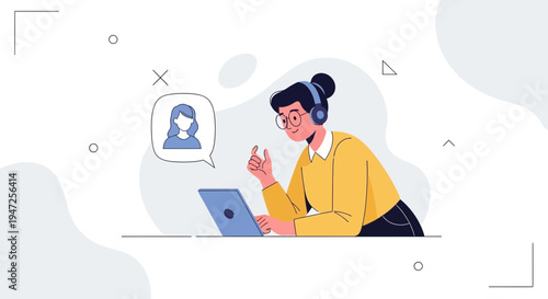 Woman with Headphones on Video Call, Online Communication, Remote Work